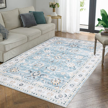 Garvee Area Rug 8x10 Large Vintage Rug Machine Washable Area Rug Indoor Floor Cover Boho Distressed Rug Retro Accent Area Rug for Living Room Bedroom Kitchen, Blue