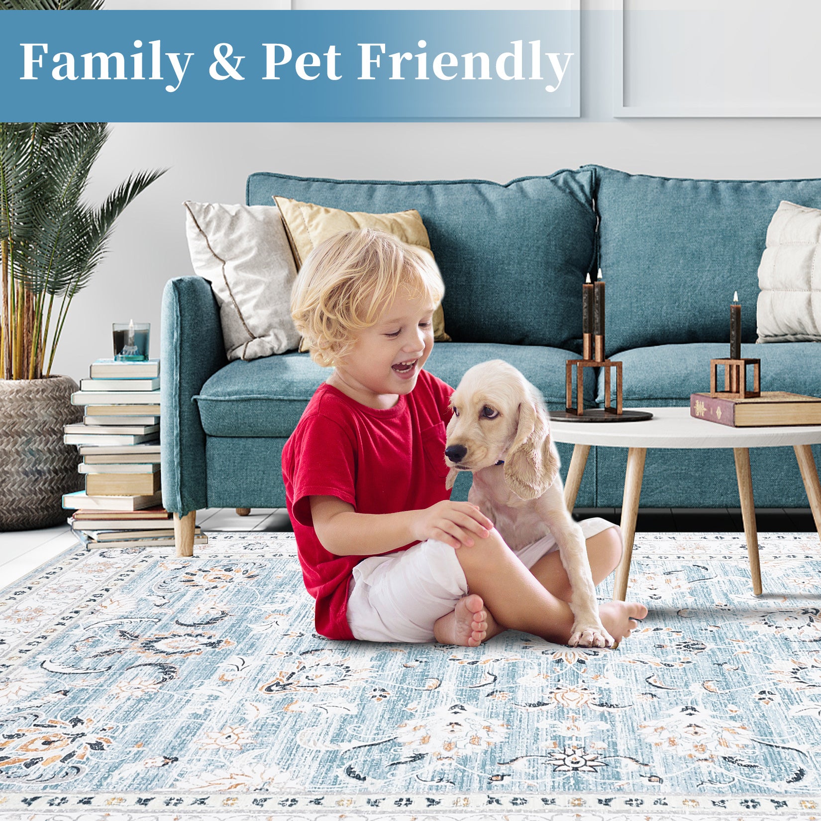 Garvee Area Rug 8x10 Large Vintage Rug Machine Washable Area Rug Indoor Floor Cover Boho Distressed Rug Retro Accent Area Rug for Living Room Bedroom Kitchen, Blue