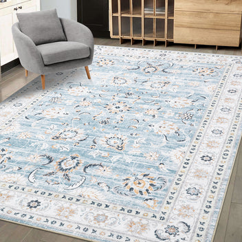Garvee Area Rug 8x10 Large Vintage Rug Machine Washable Area Rug Indoor Floor Cover Boho Distressed Rug Retro Accent Area Rug for Living Room Bedroom Kitchen, Blue