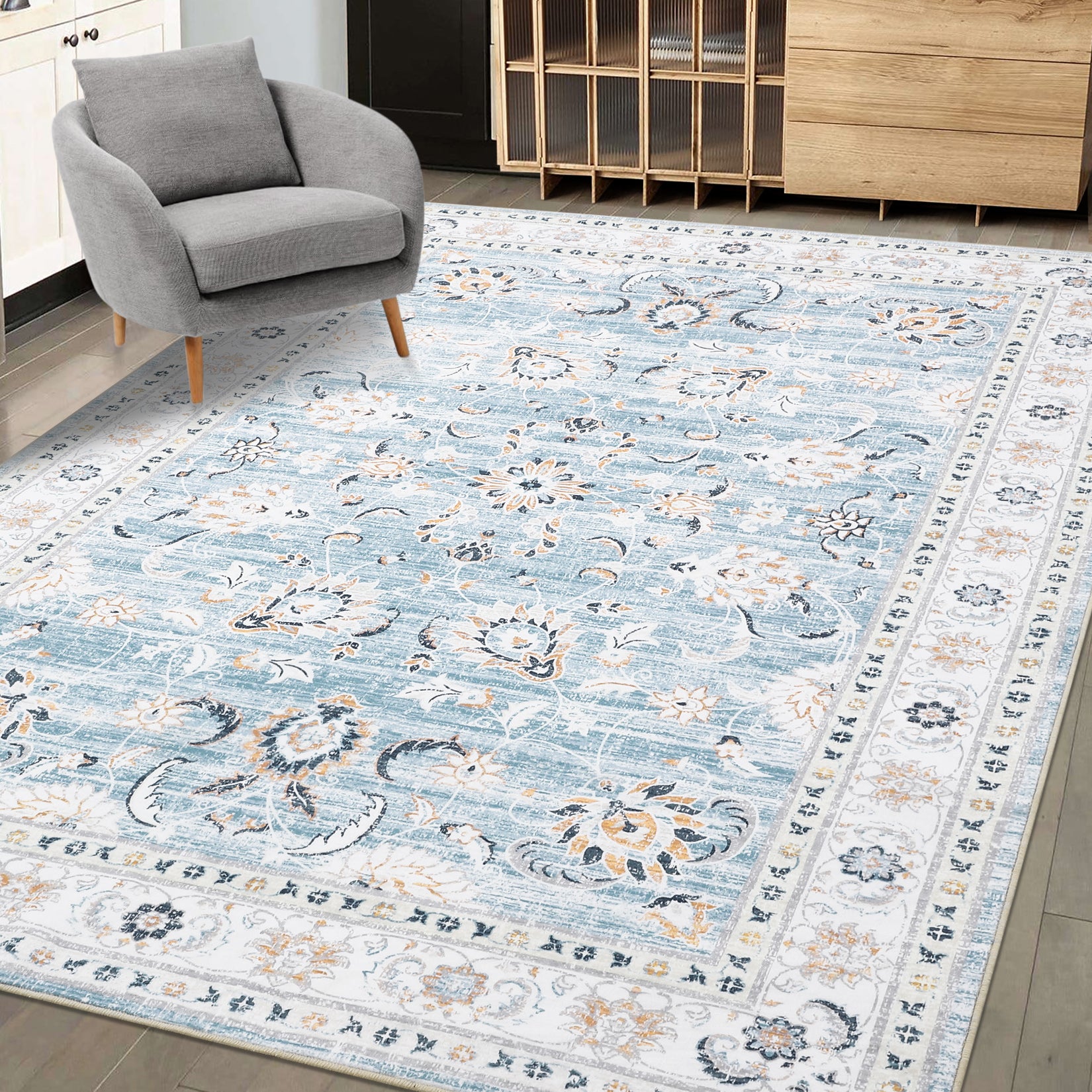 Garvee Area Rug 8x10 Large Vintage Rug Machine Washable Area Rug Indoor Floor Cover Boho Distressed Rug Retro Accent Area Rug for Living Room Bedroom Kitchen, Blue