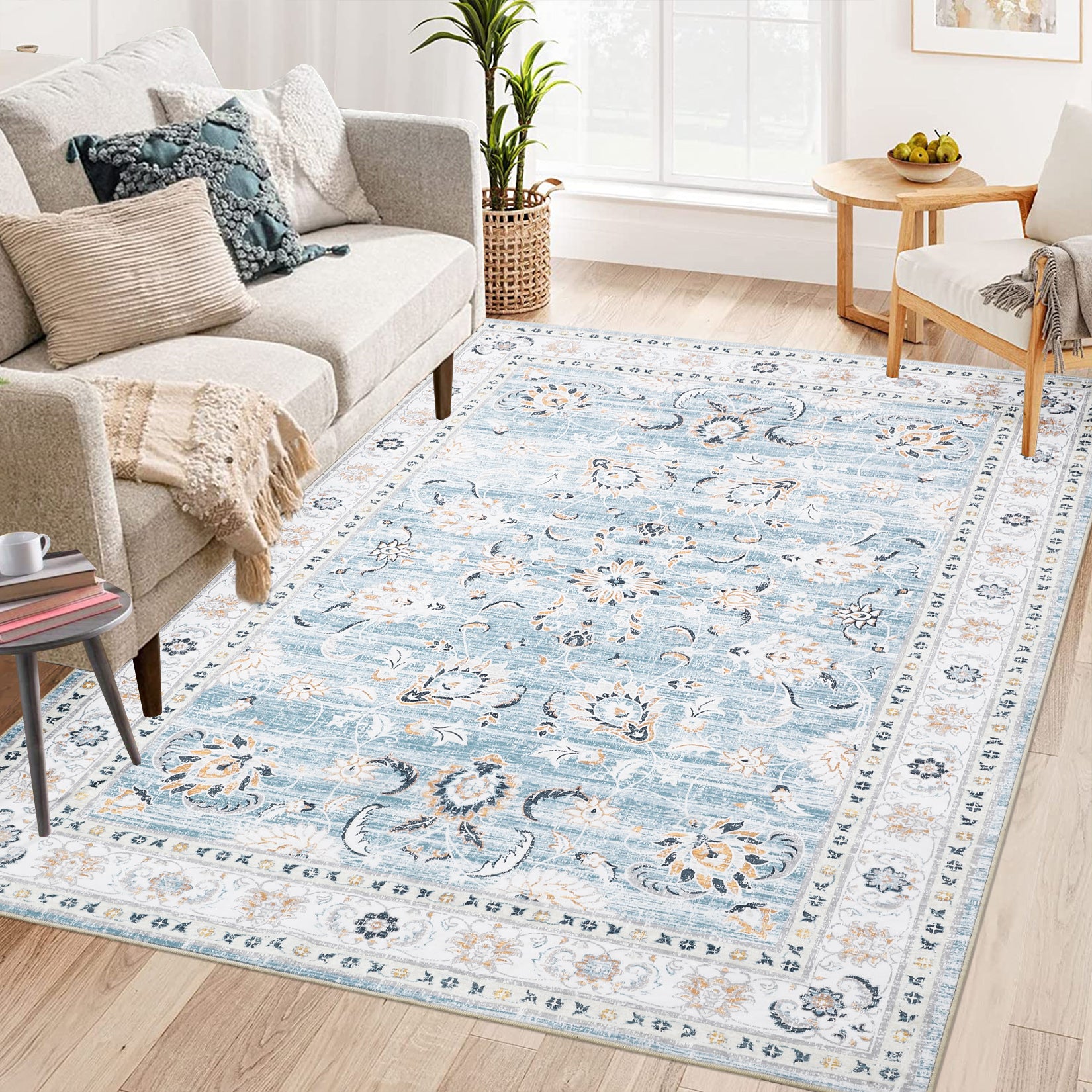 Garvee Area Rug 8x10 Large Vintage Rug Machine Washable Area Rug Indoor Floor Cover Boho Distressed Rug Retro Accent Area Rug for Living Room Bedroom Kitchen, Blue