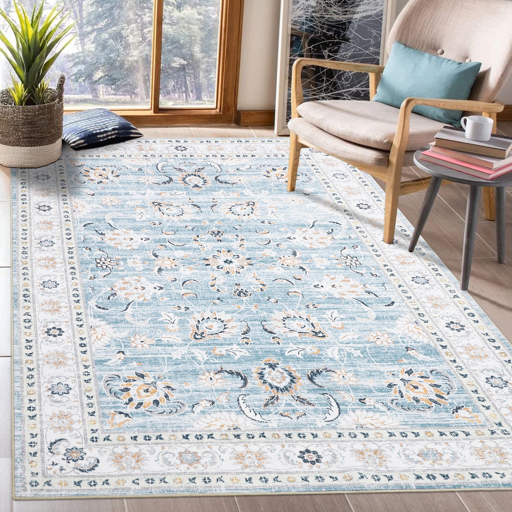 Garvee Area Rug 8x10 Large Vintage Rug Machine Washable Area Rug Indoor Floor Cover Boho Distressed Rug Retro Accent Area Rug for Living Room Bedroom Kitchen, Blue