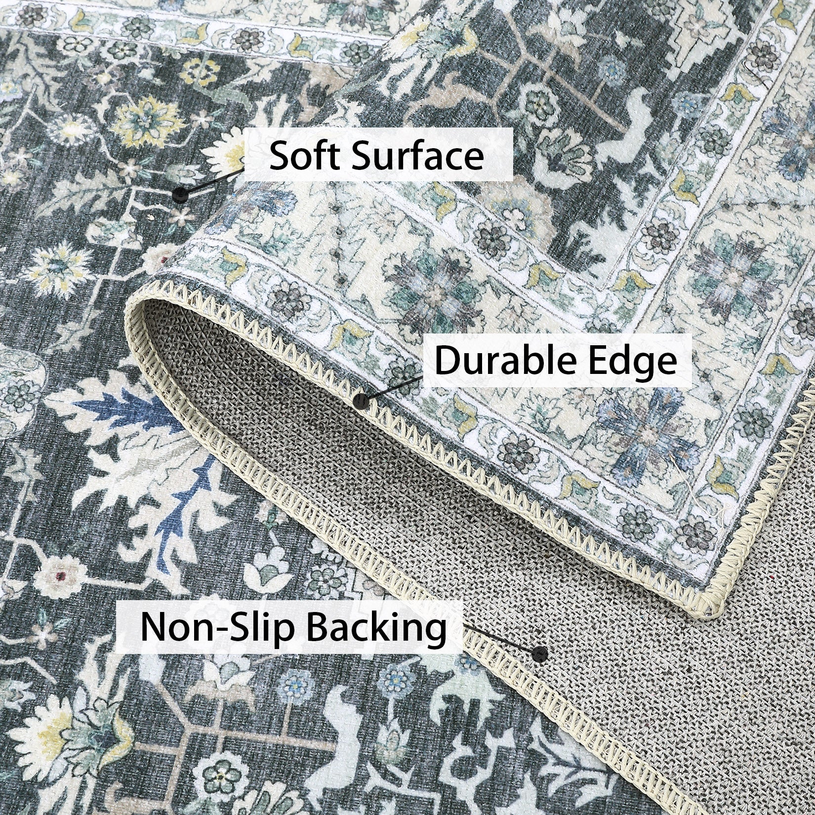 Garvee Washable Rug 8x10 Living Room Area Rug,Indoor Vintage Throw Carpet Mat Distressed Floral Print Bedroom Rugs Lightweight Foldable Thin Rug Non Slip Home Decor Mat for Dining Room Kitchen, Grey