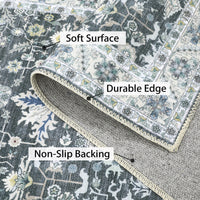 Garvee Washable Rug 8x10 Living Room Area Rug,Indoor Vintage Throw Carpet Mat Distressed Floral Print Bedroom Rugs Lightweight Foldable Thin Rug Non Slip Home Decor Mat for Dining Room Kitchen, Grey