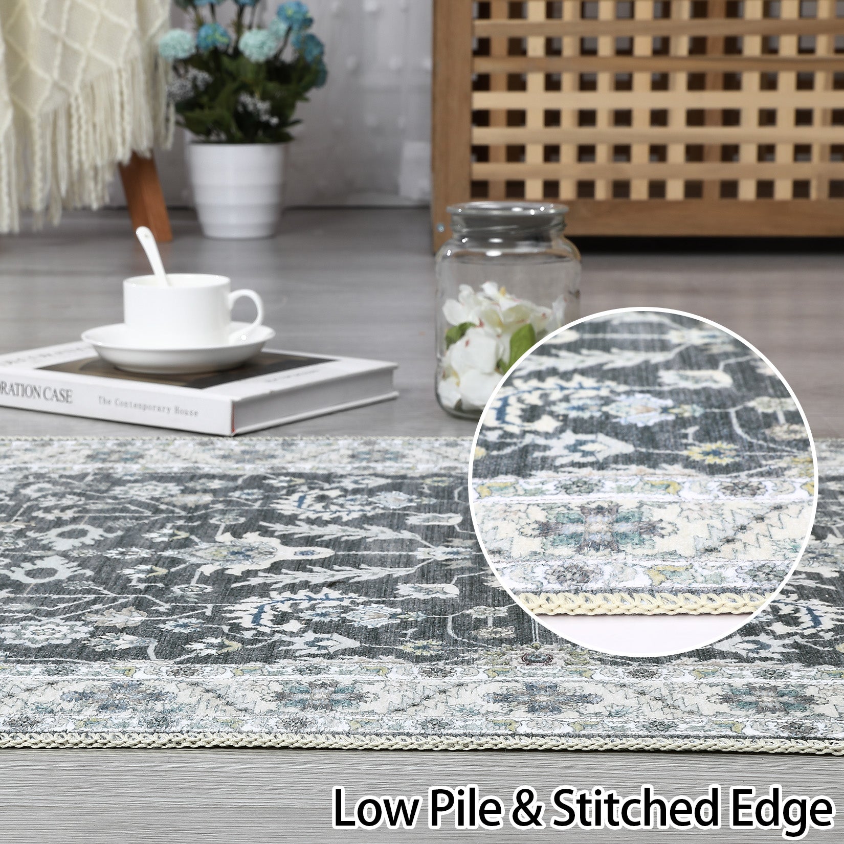 Garvee Washable Rug 8x10 Living Room Area Rug,Indoor Vintage Throw Carpet Mat Distressed Floral Print Bedroom Rugs Lightweight Foldable Thin Rug Non Slip Home Decor Mat for Dining Room Kitchen, Grey