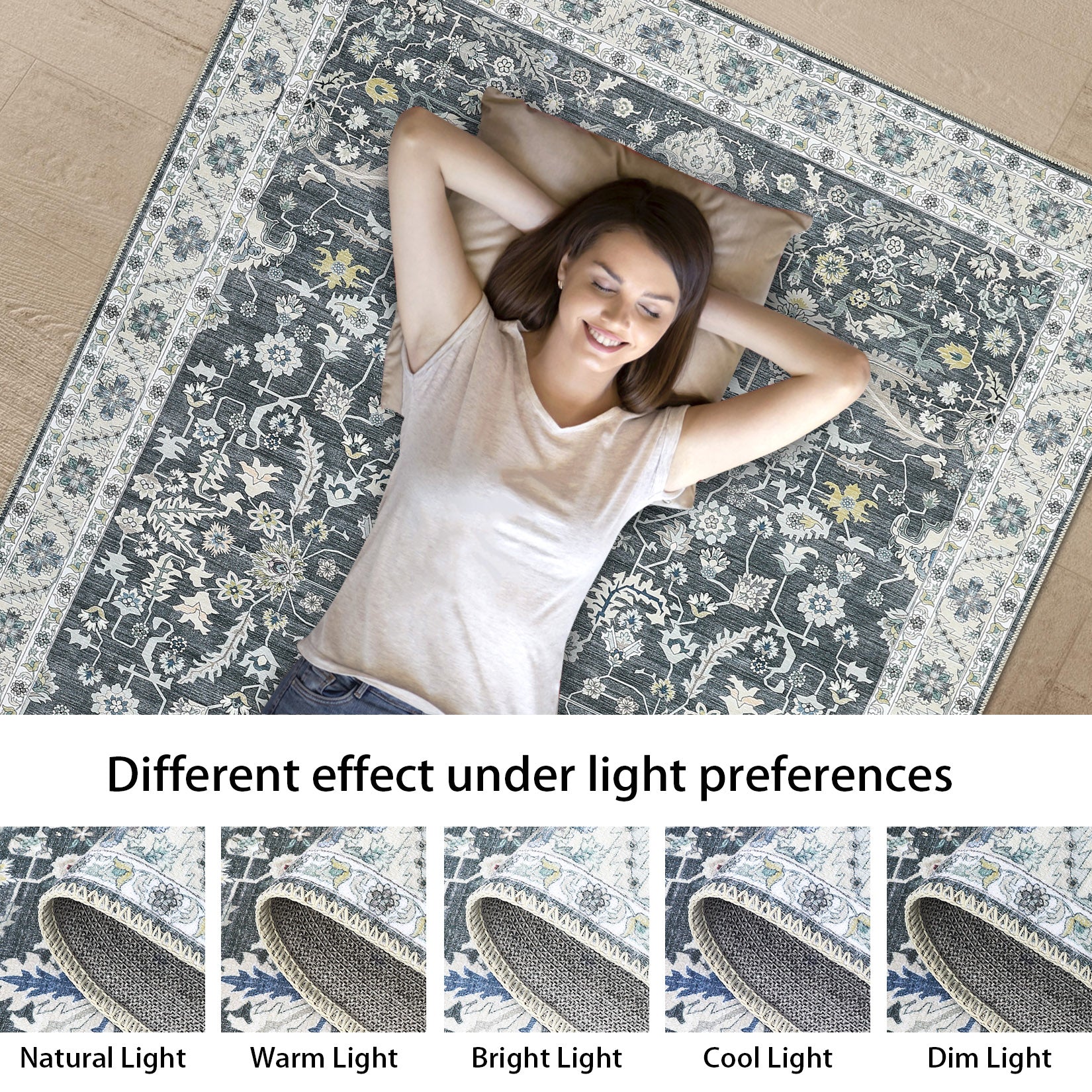 Garvee Washable Rug 8x10 Living Room Area Rug,Indoor Vintage Throw Carpet Mat Distressed Floral Print Bedroom Rugs Lightweight Foldable Thin Rug Non Slip Home Decor Mat for Dining Room Kitchen, Grey