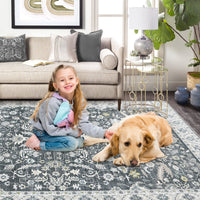 Garvee Washable Rug 8x10 Living Room Area Rug,Indoor Vintage Throw Carpet Mat Distressed Floral Print Bedroom Rugs Lightweight Foldable Thin Rug Non Slip Home Decor Mat for Dining Room Kitchen, Grey