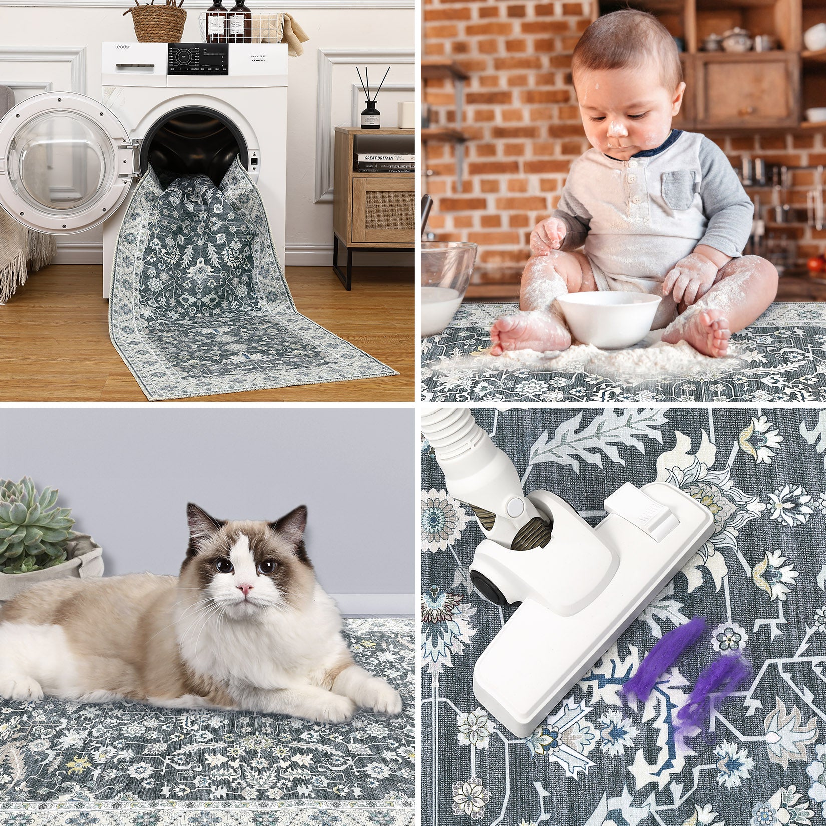 Garvee Washable Rug 8x10 Living Room Area Rug,Indoor Vintage Throw Carpet Mat Distressed Floral Print Bedroom Rugs Lightweight Foldable Thin Rug Non Slip Home Decor Mat for Dining Room Kitchen, Grey