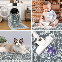 Garvee Washable Rug 8x10 Living Room Area Rug,Indoor Vintage Throw Carpet Mat Distressed Floral Print Bedroom Rugs Lightweight Foldable Thin Rug Non Slip Home Decor Mat for Dining Room Kitchen, Grey