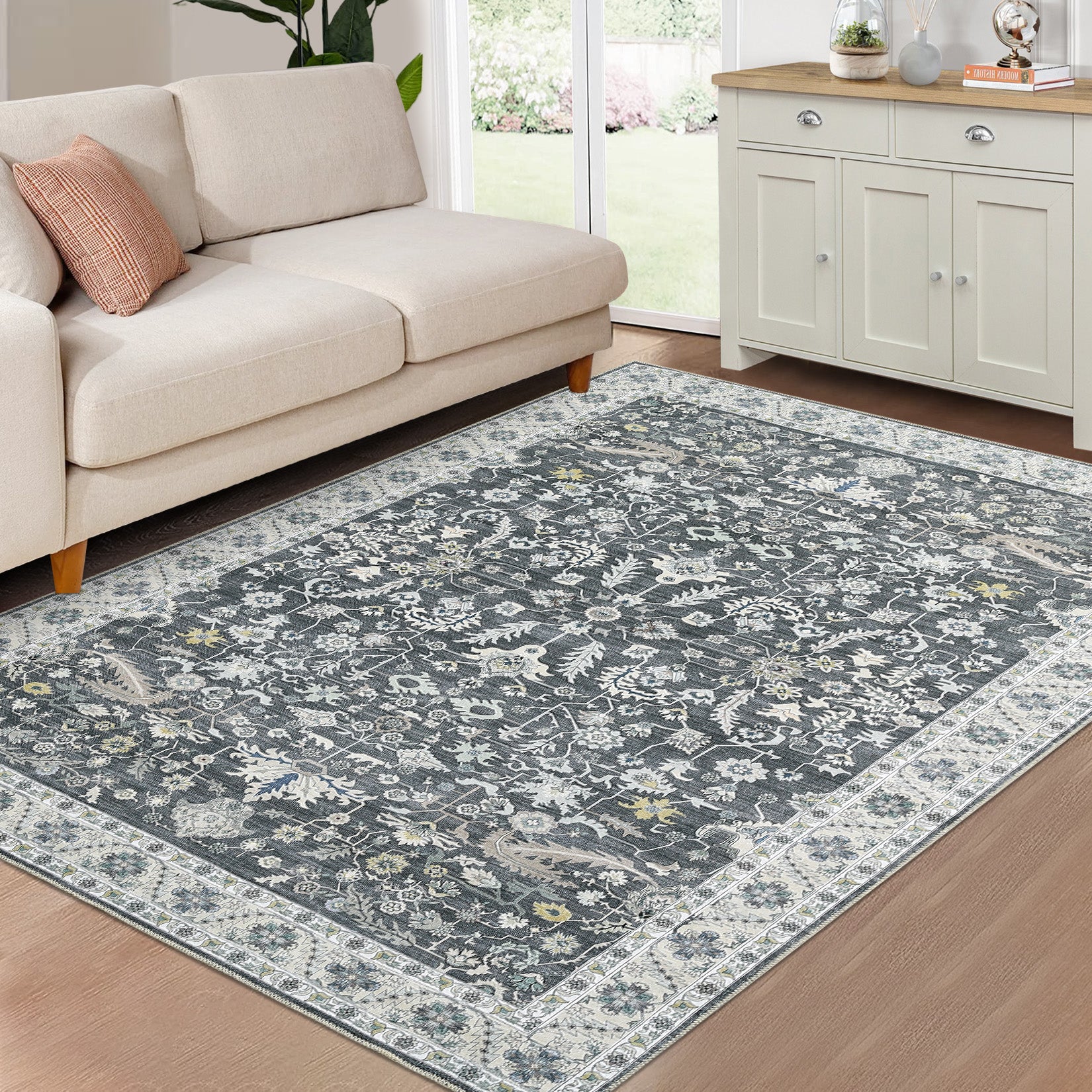 Garvee Washable Rug 8x10 Living Room Area Rug,Indoor Vintage Throw Carpet Mat Distressed Floral Print Bedroom Rugs Lightweight Foldable Thin Rug Non Slip Home Decor Mat for Dining Room Kitchen, Grey