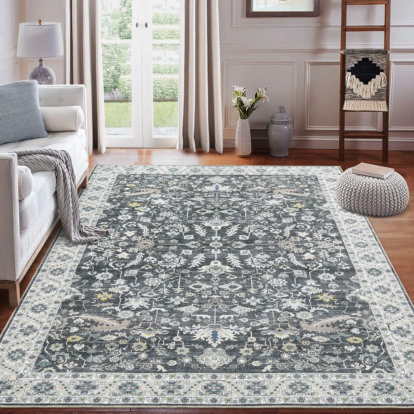 Garvee Washable Rug 8x10 Living Room Area Rug,Indoor Vintage Throw Carpet Mat Distressed Floral Print Bedroom Rugs Lightweight Foldable Thin Rug Non Slip Home Decor Mat for Dining Room Kitchen, Grey