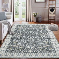 Garvee Washable Rug 8x10 Living Room Area Rug,Indoor Vintage Throw Carpet Mat Distressed Floral Print Bedroom Rugs Lightweight Foldable Thin Rug Non Slip Home Decor Mat for Dining Room Kitchen, Grey
