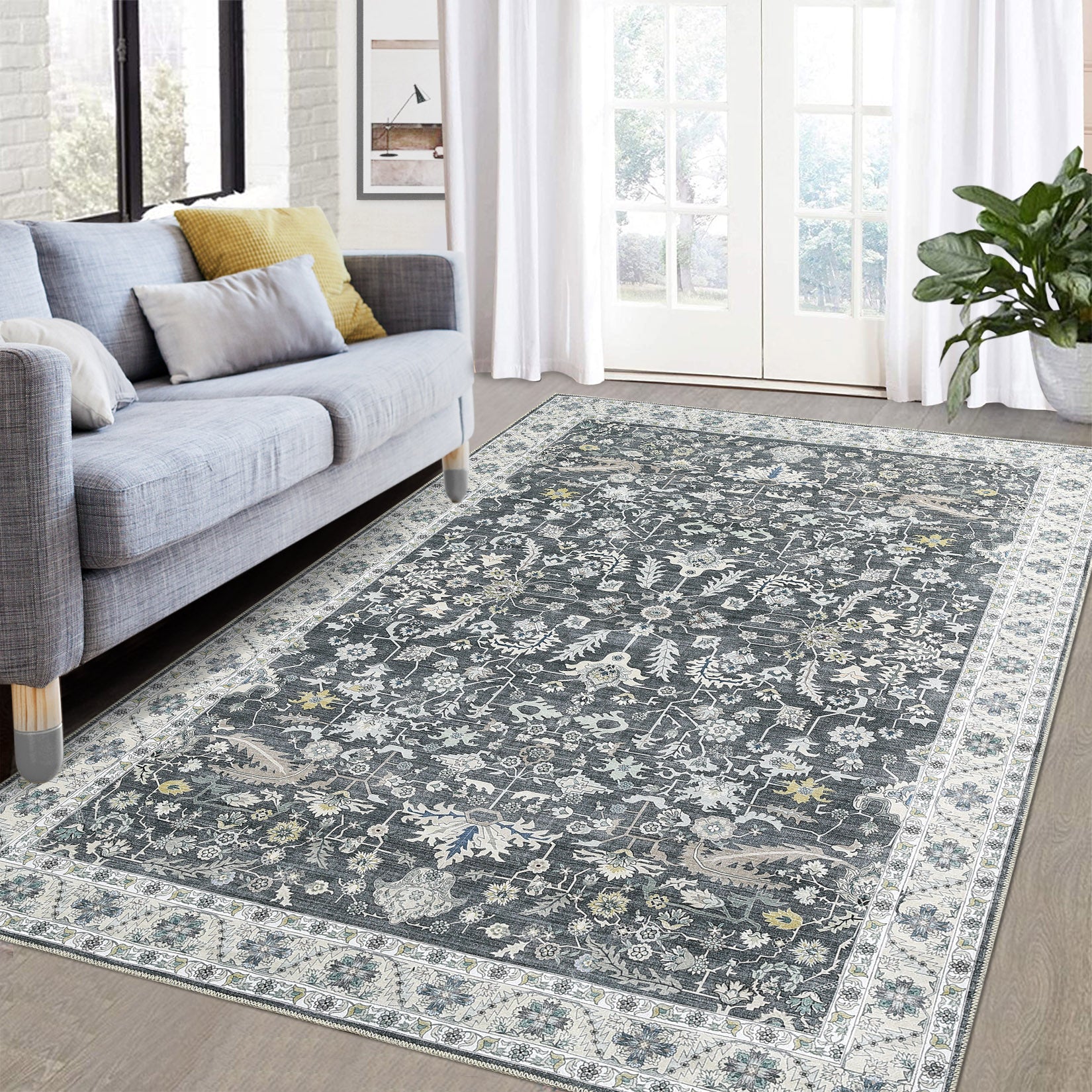 Garvee Washable Rug 8x10 Living Room Area Rug,Indoor Vintage Throw Carpet Mat Distressed Floral Print Bedroom Rugs Lightweight Foldable Thin Rug Non Slip Home Decor Mat for Dining Room Kitchen, Grey