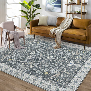 Garvee Washable Rug 8x10 Living Room Area Rug,Indoor Vintage Throw Carpet Mat Distressed Floral Print Bedroom Rugs Lightweight Foldable Thin Rug Non Slip Home Decor Mat for Dining Room Kitchen, Grey