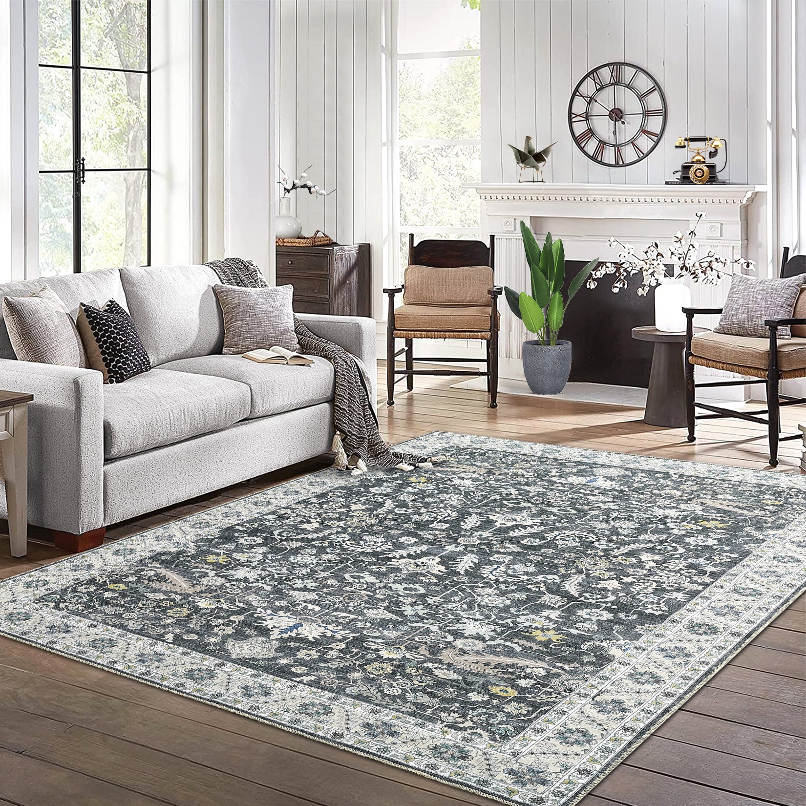 Garvee Washable Rug 8x10 Living Room Area Rug,Indoor Vintage Throw Carpet Mat Distressed Floral Print Bedroom Rugs Lightweight Foldable Thin Rug Non Slip Home Decor Mat for Dining Room Kitchen, Grey