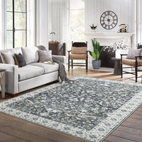 Garvee Washable Rug 8x10 Living Room Area Rug,Indoor Vintage Throw Carpet Mat Distressed Floral Print Bedroom Rugs Lightweight Foldable Thin Rug Non Slip Home Decor Mat for Dining Room Kitchen, Grey