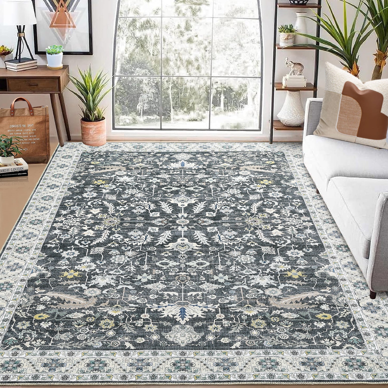 Garvee Washable Rug 8x10 Living Room Area Rug,Indoor Vintage Throw Carpet Mat Distressed Floral Print Bedroom Rugs Lightweight Foldable Thin Rug Non Slip Home Decor Mat for Dining Room Kitchen, Grey