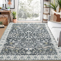 Garvee Washable Rug 8x10 Living Room Area Rug,Indoor Vintage Throw Carpet Mat Distressed Floral Print Bedroom Rugs Lightweight Foldable Thin Rug Non Slip Home Decor Mat for Dining Room Kitchen, Grey