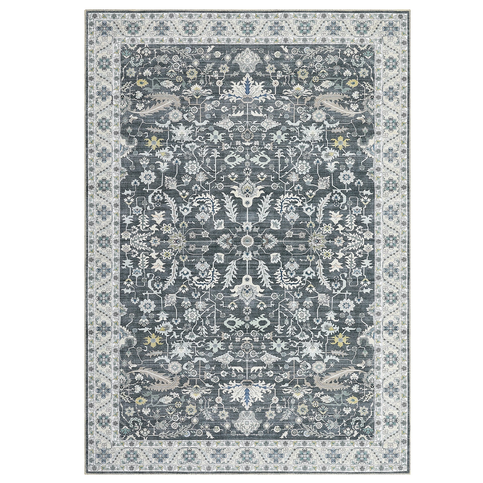 Garvee Washable Rug 8x10 Living Room Area Rug,Indoor Vintage Throw Carpet Mat Distressed Floral Print Bedroom Rugs Lightweight Foldable Thin Rug Non Slip Home Decor Mat for Dining Room Kitchen, Grey