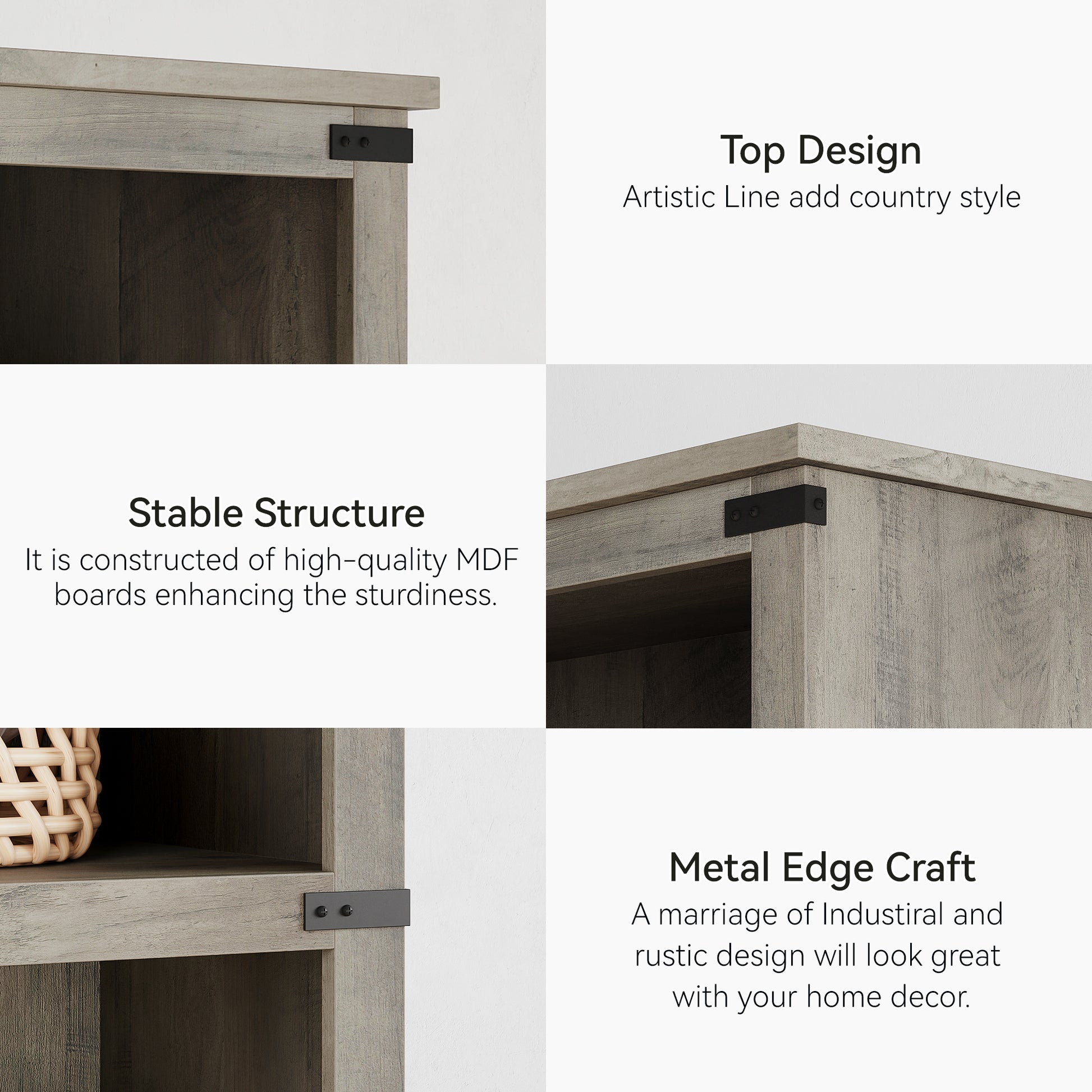 Garvee Farmhouse 3 Tier Bookcase, Open Shelves, MDF Wood, Rustic Grey, 43.3" Low Bookcase, Home Office, Living Room