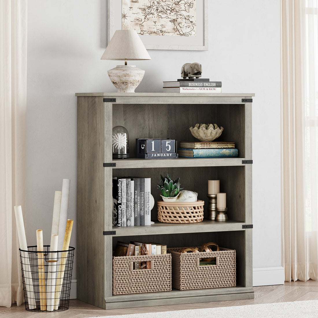 Garvee Farmhouse 3 Tier Bookcase, Open Shelves, MDF Wood, Rustic Grey, 43.3" Low Bookcase, Home Office, Living Room