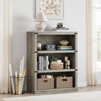 Garvee Farmhouse 3 Tier Bookcase, Open Shelves, MDF Wood, Rustic Grey, 43.3" Low Bookcase, Home Office, Living Room