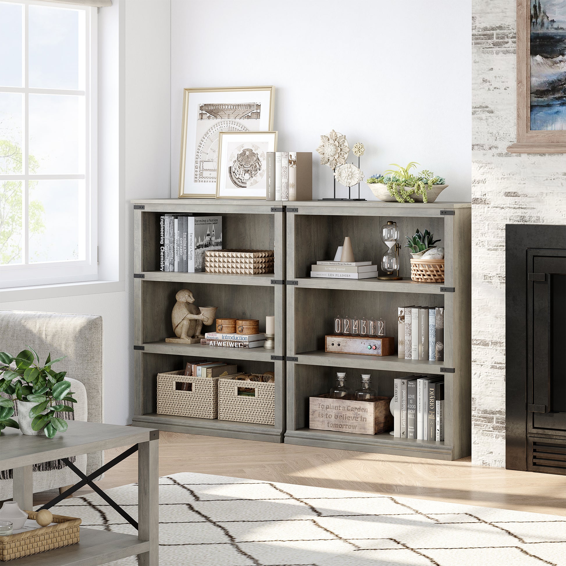 Garvee Farmhouse 3 Tier Bookcase, Open Shelves, MDF Wood, Rustic Grey, 43.3" Low Bookcase, Home Office, Living Room