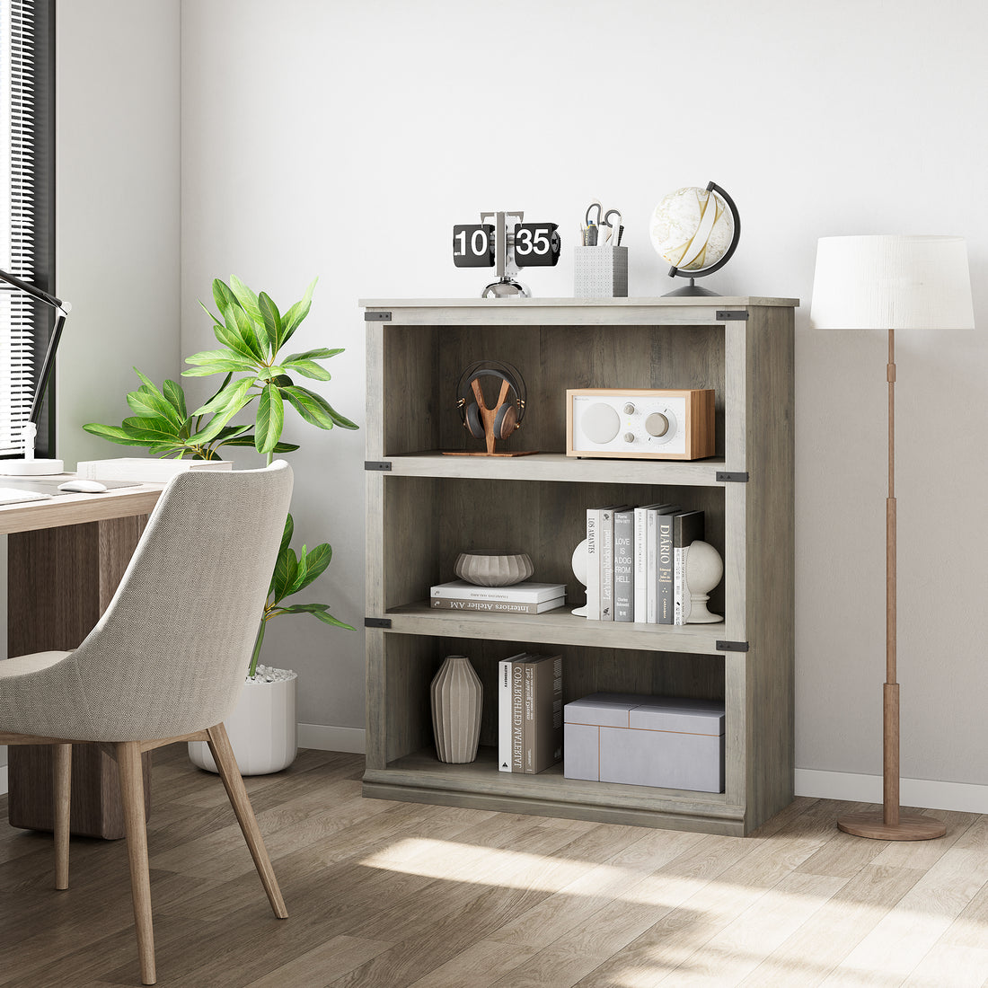 Garvee Farmhouse 3 Tier Bookcase, Open Shelves, MDF Wood, Rustic Grey, 43.3" Low Bookcase, Home Office, Living Room