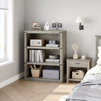 Garvee Farmhouse 3 Tier Bookcase, Open Shelves, MDF Wood, Rustic Grey, 43.3" Low Bookcase, Home Office, Living Room