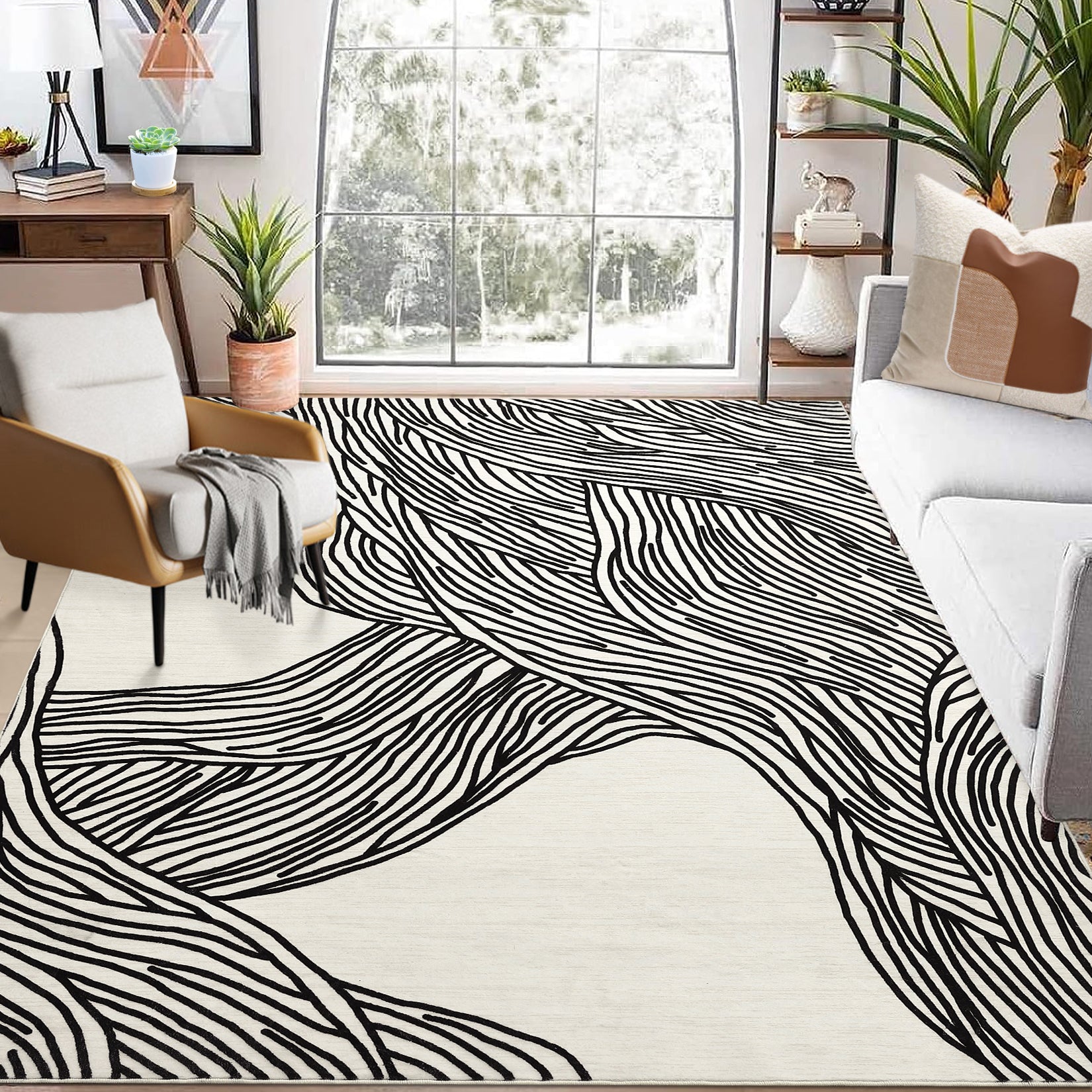 Garvee Modern Black & White 6x9 Striped Area Rug, Curve Design Low Pile Carpet for Living Room Bedroom Office
