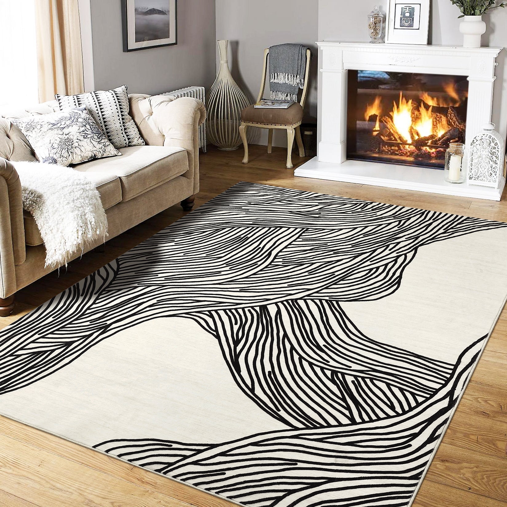 Garvee Modern Black & White 6x9 Striped Area Rug, Curve Design Low Pile Carpet for Living Room Bedroom Office