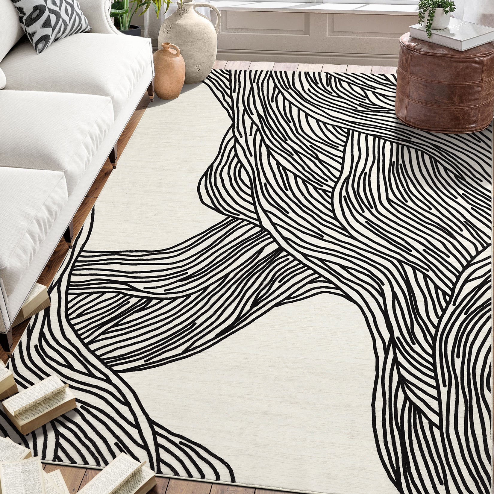 Garvee Modern Black & White 6x9 Striped Area Rug, Curve Design Low Pile Carpet for Living Room Bedroom Office