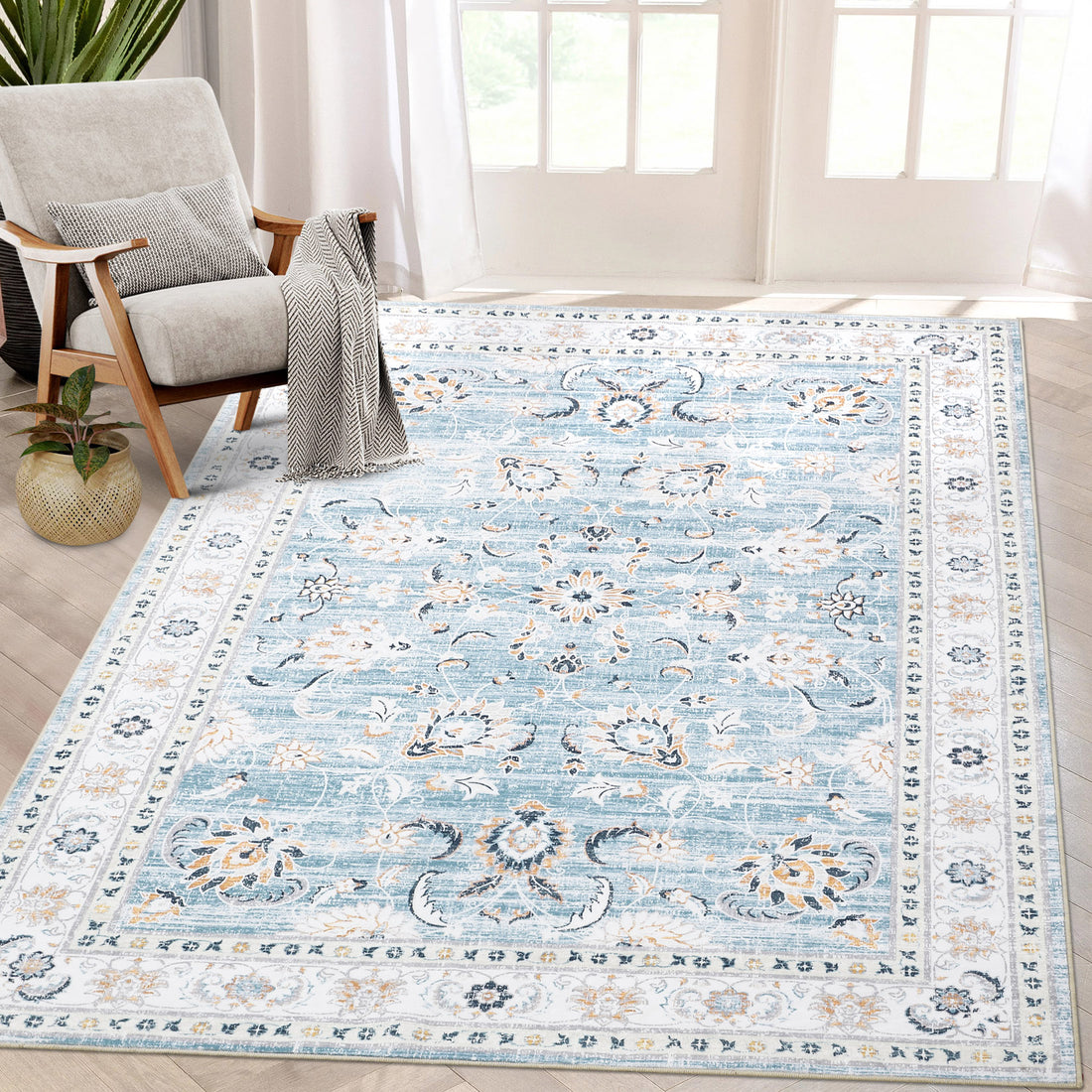 Garvee 9x12 Large Living Room Area Rug Washable Rug Vintage Accent Floor Cover Retro Distressed Area Rug Non-Slip Indoor Area Rug for Bedroom Home Office, Blue