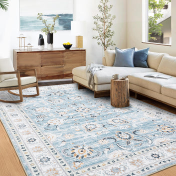Garvee 9x12 Large Living Room Area Rug Washable Rug Vintage Accent Floor Cover Retro Distressed Area Rug Non-Slip Indoor Area Rug for Bedroom Home Office, Blue