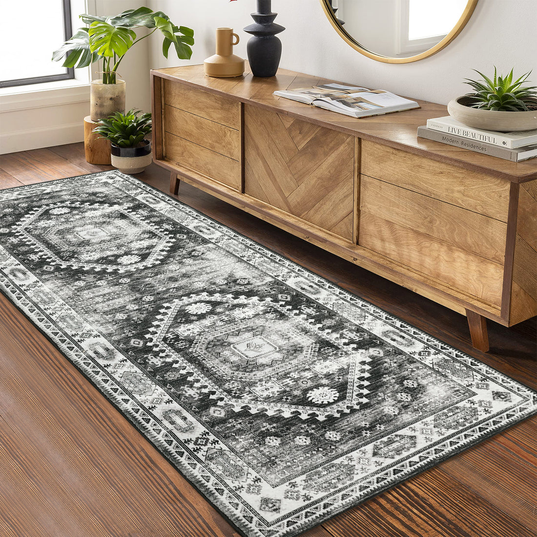 Garvee Washable Runner Rug Black Grey 2x6 Boho Vintage Hallway Rug Runner Traditional Kitchen Runner Oriental Rug Non-Slip Throw Carpet for Entryway Bedroom Laundry Room Foyer