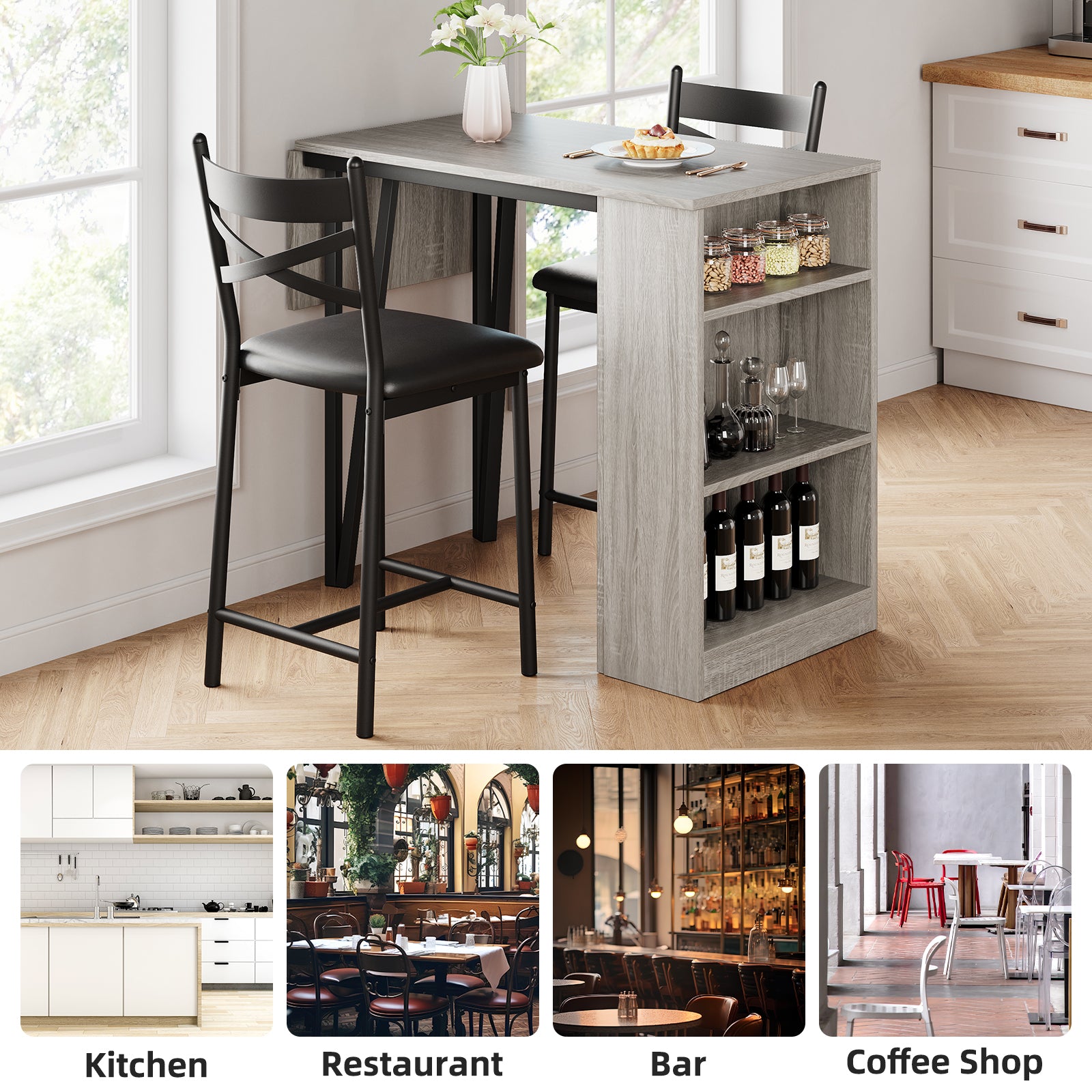 Garvee Dining Table Set for 2, Expandable Bar Table with 3 Storage Shelves, MDF & Metal, Foldable Space-Saving, Easy Assembly, Ideal for Small Spaces, Grey