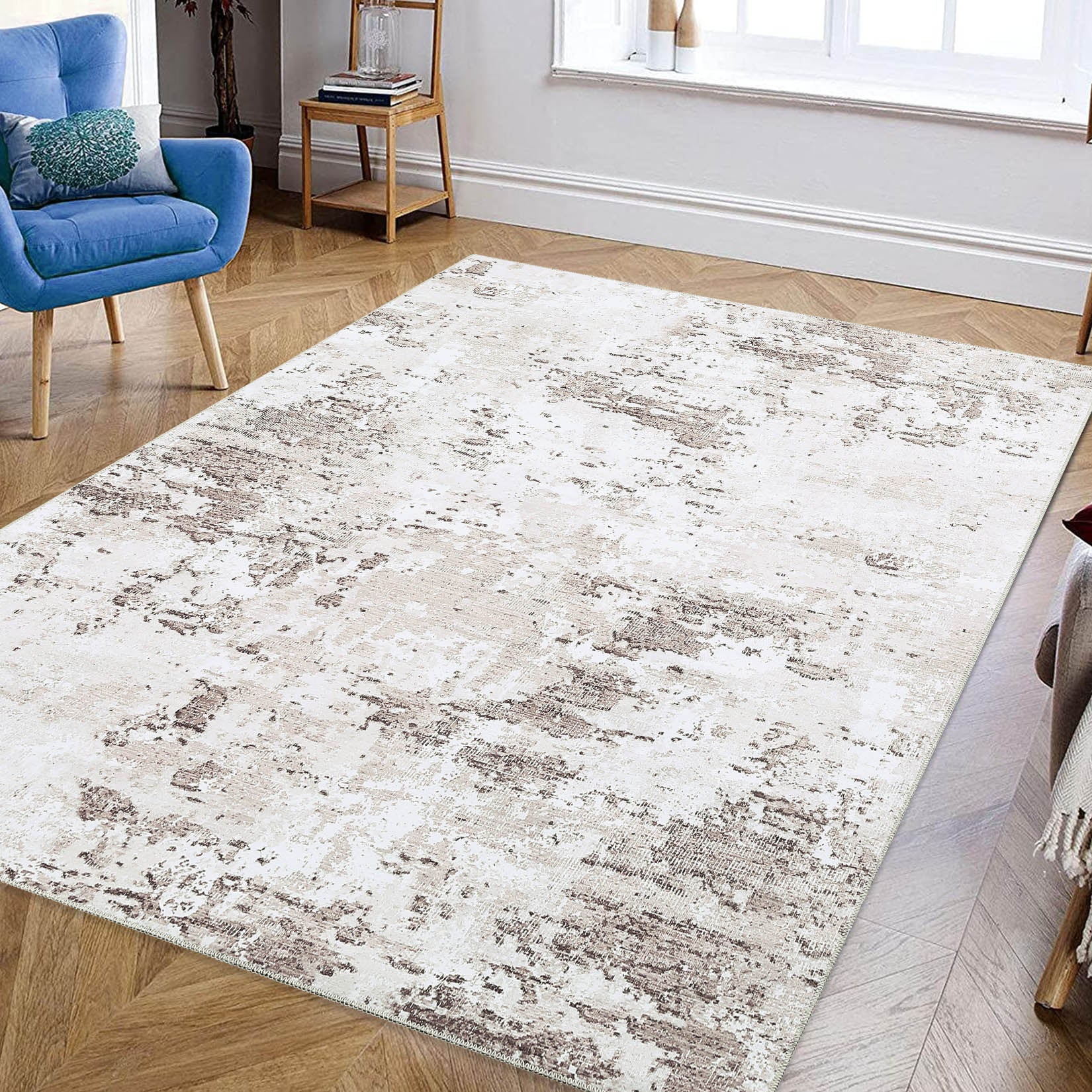 Garvee Abstract Taupe 5x7 Machine Washable Modern Rug Distressed Floor Mat Indoor Soft Floor Cover Low Pile Living Room Rug Non-Shedding Foldable Washable Throw Carpet Non Slip Bedroom Thin Rug Taupe
