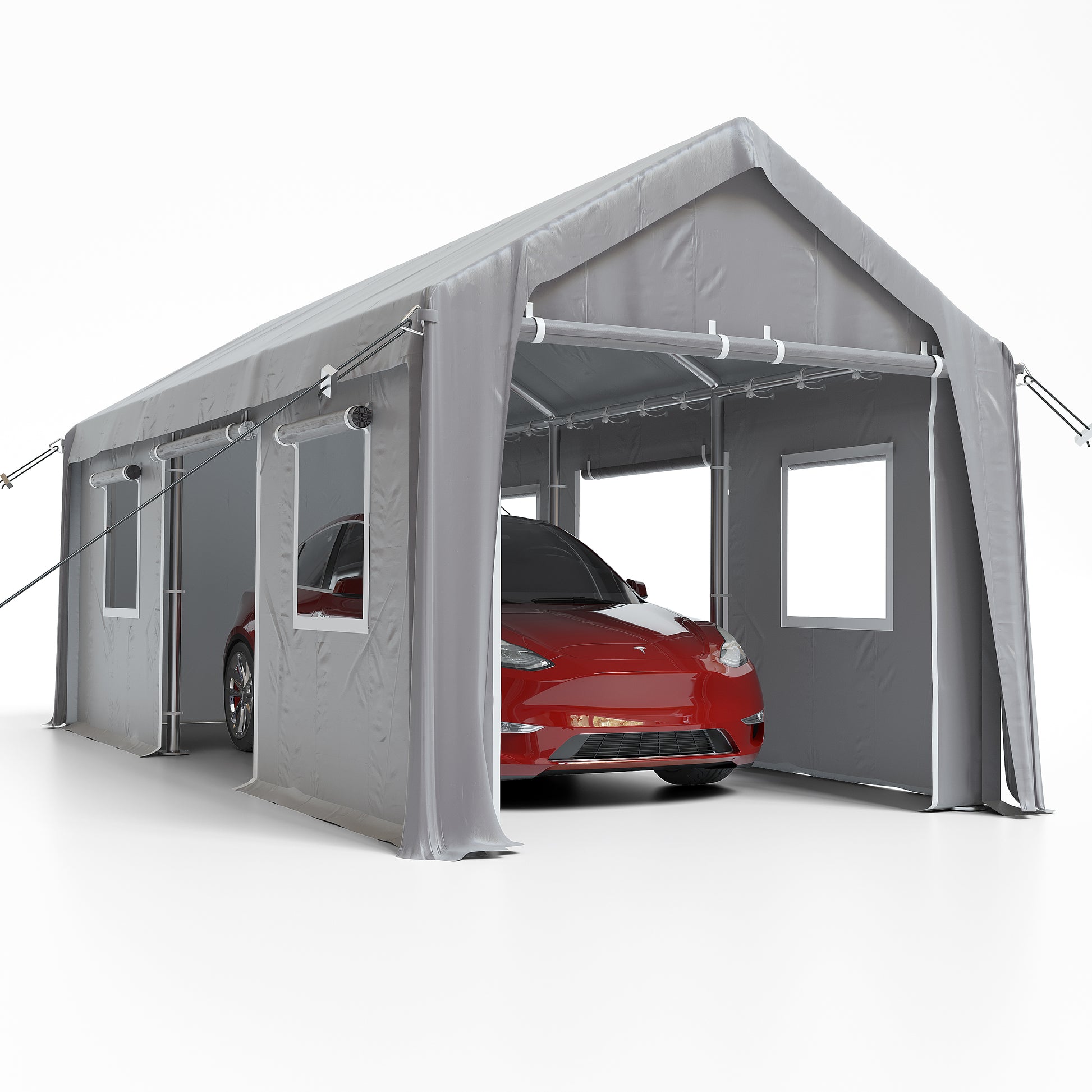 Carport, 10'x20' Heavy Duty Carport with Roll-up Ventilated Windows & Doors, Heavy Duty Carport Canopy, Height Adjustable Portable Garage for Car, Truck, Boat, Party White