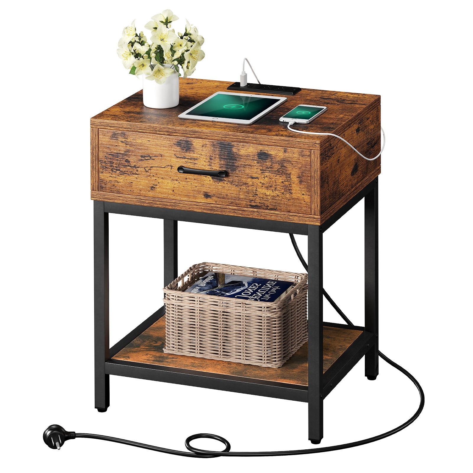 Garvee Nightstand - Bedside Table with Type-C & USB Charging Station, Modern End Table with 1-Drawer Storage, Side Table for Bedroom & Living Room