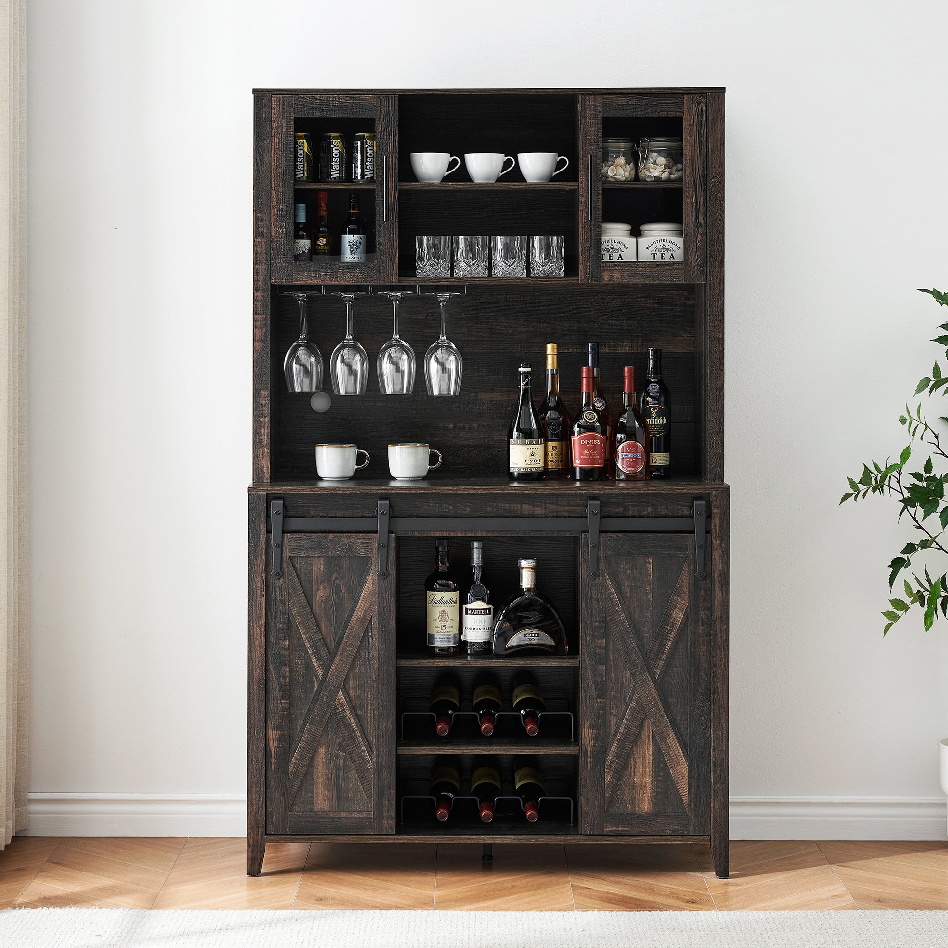 Garvee Farmhouse Wine Cabinet with Sliding Barn Door, 70" Country Wine Cabinet with Wine Rack and Wine Glass Rack, Buffet, Storage Rack, Kitchen Sideboard, Dining Room - Dark Oak