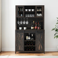 Garvee Farmhouse Wine Cabinet with Sliding Barn Door, 70" Country Wine Cabinet with Wine Rack and Wine Glass Rack, Buffet, Storage Rack, Kitchen Sideboard, Dining Room - Dark Oak