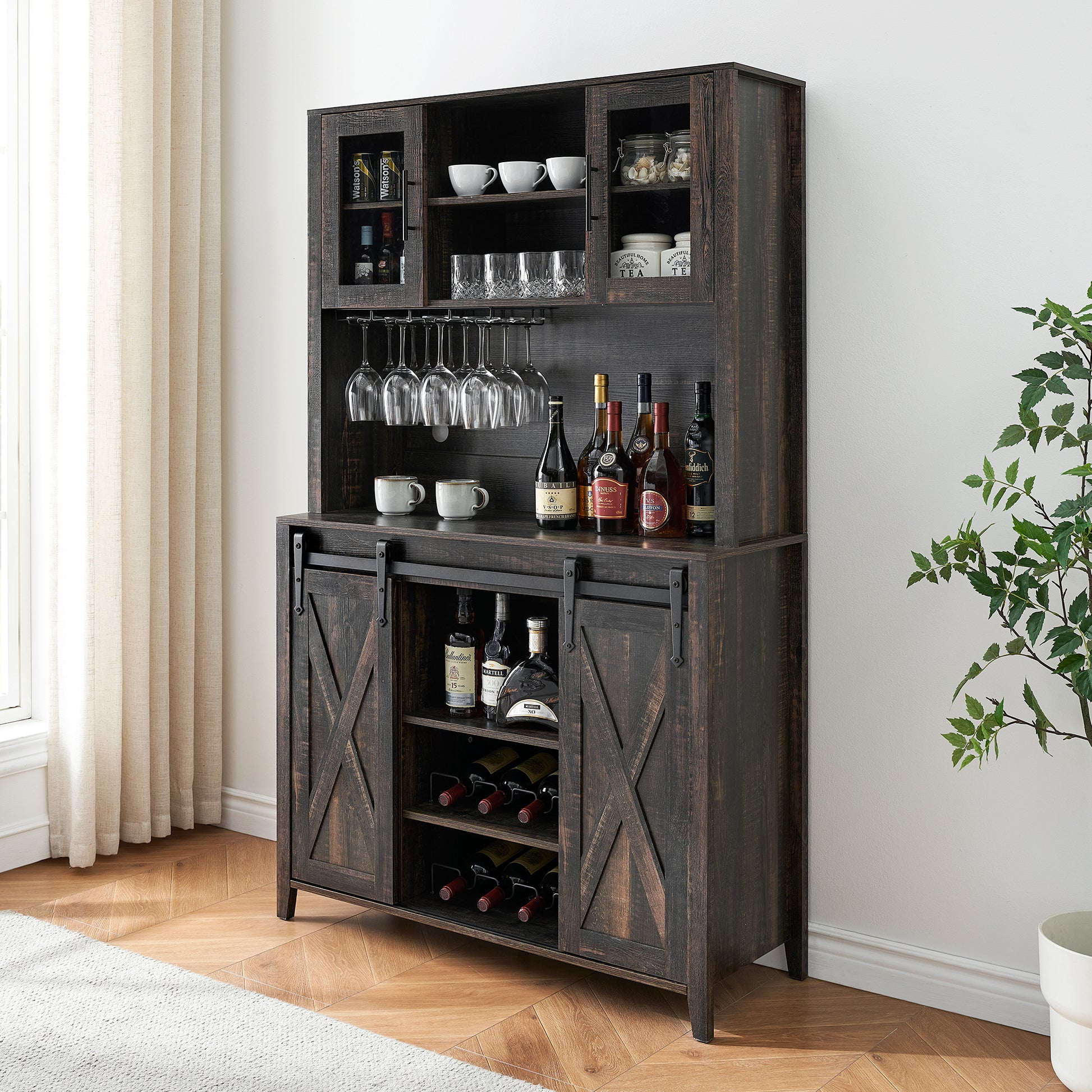 Garvee Farmhouse Wine Cabinet with Sliding Barn Door, 70" Country Wine Cabinet with Wine Rack and Wine Glass Rack, Buffet, Storage Rack, Kitchen Sideboard, Dining Room - Dark Oak