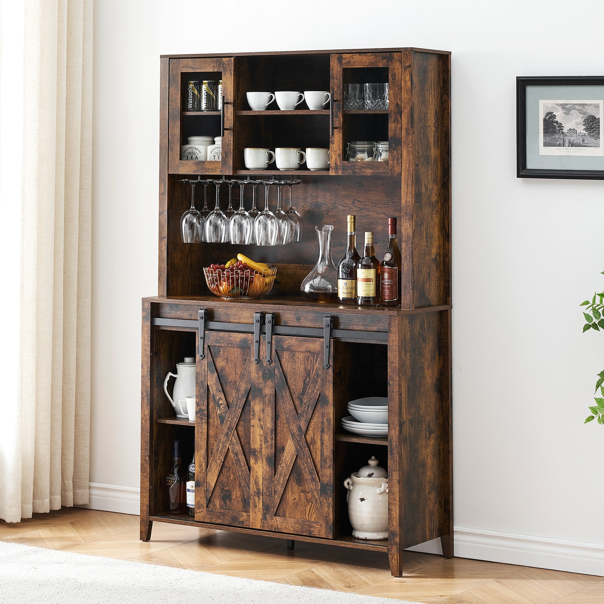 Garvee Farmhouse Wine Cabinet with Sliding Barn Door, 70" Country Wine Cabinet with Wine Rack and Wine Glass Rack, Buffet, Storage Rack, Kitchen Sideboard, Dining Room - Retro Brown