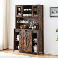 Garvee Farmhouse Wine Cabinet with Sliding Barn Door, 70" Country Wine Cabinet with Wine Rack and Wine Glass Rack, Buffet, Storage Rack, Kitchen Sideboard, Dining Room - Retro Brown