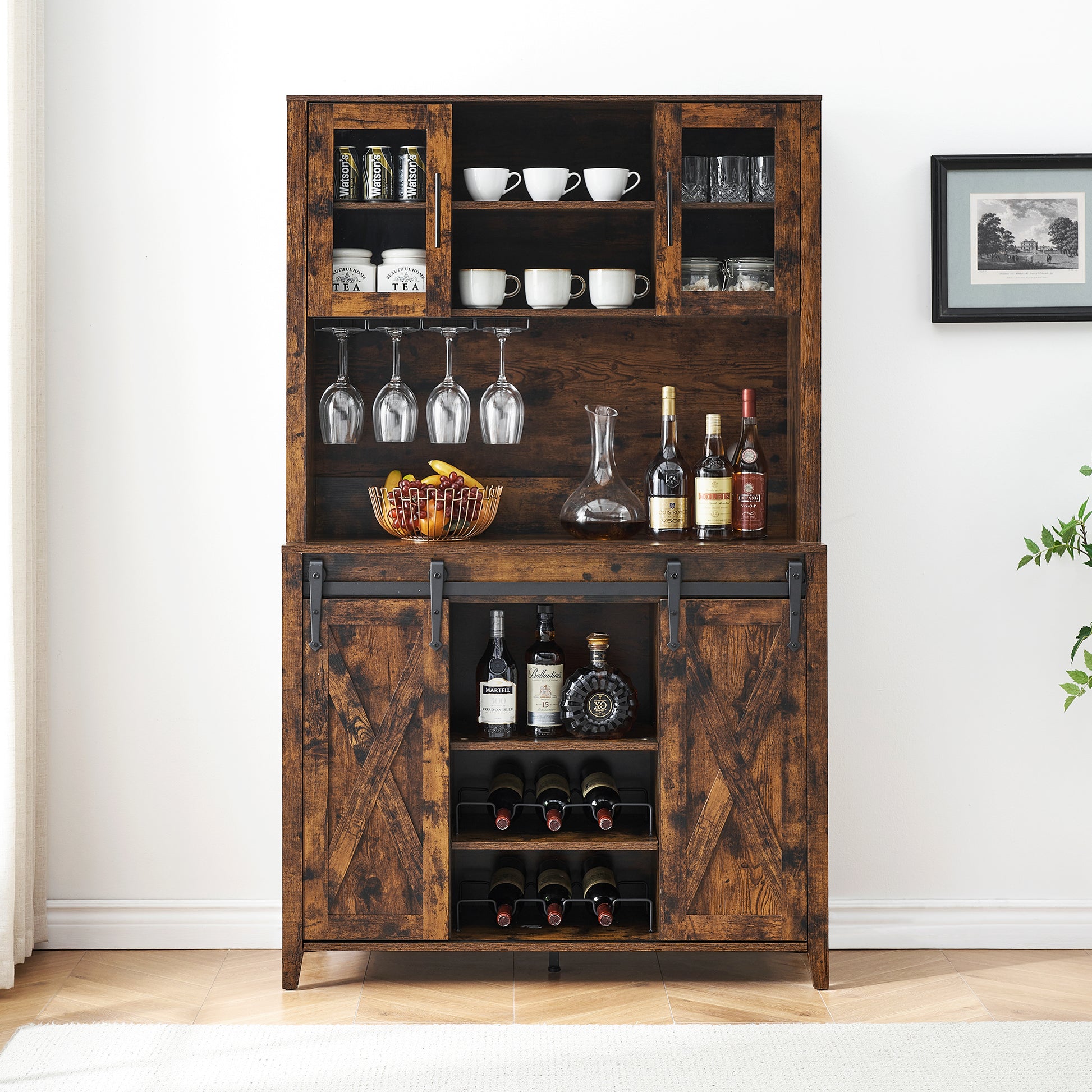Garvee Farmhouse Wine Cabinet with Sliding Barn Door, 70" Country Wine Cabinet with Wine Rack and Wine Glass Rack, Buffet, Storage Rack, Kitchen Sideboard, Dining Room - Retro Brown