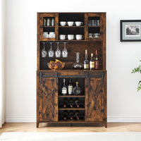 Garvee Farmhouse Wine Cabinet with Sliding Barn Door, 70" Country Wine Cabinet with Wine Rack and Wine Glass Rack, Buffet, Storage Rack, Kitchen Sideboard, Dining Room - Retro Brown