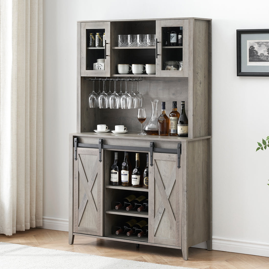Garvee 70'' Wine Coffee Bar Cabinet with Storage Hutch, Tall Kitchen Pantry Liquor Cabinet with Sliding Barn Doors, Bottle Glasses Rack, Farmhouse Buffet for Home Dining Room, Gray