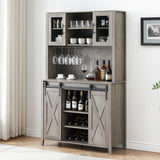 Garvee 70'' Wine Coffee Bar Cabinet with Storage Hutch, Tall Kitchen Pantry Liquor Cabinet with Sliding Barn Doors, Bottle Glasses Rack, Farmhouse Buffet for Home Dining Room, Gray - Grey
