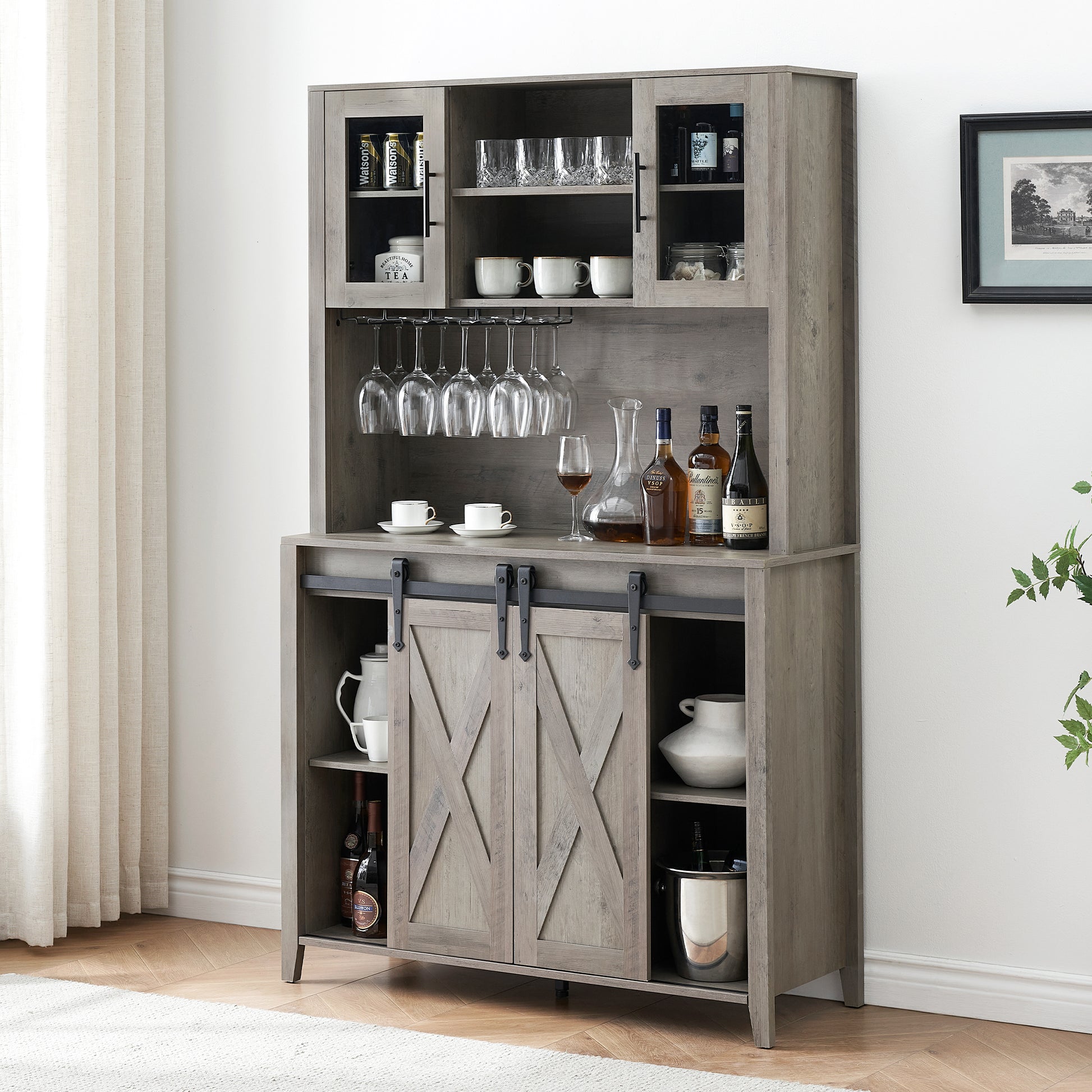 Garvee 70'' Wine Coffee Bar Cabinet with Storage Hutch, Tall Kitchen Pantry Liquor Cabinet with Sliding Barn Doors, Bottle Glasses Rack, Farmhouse Buffet for Home Dining Room, Gray
