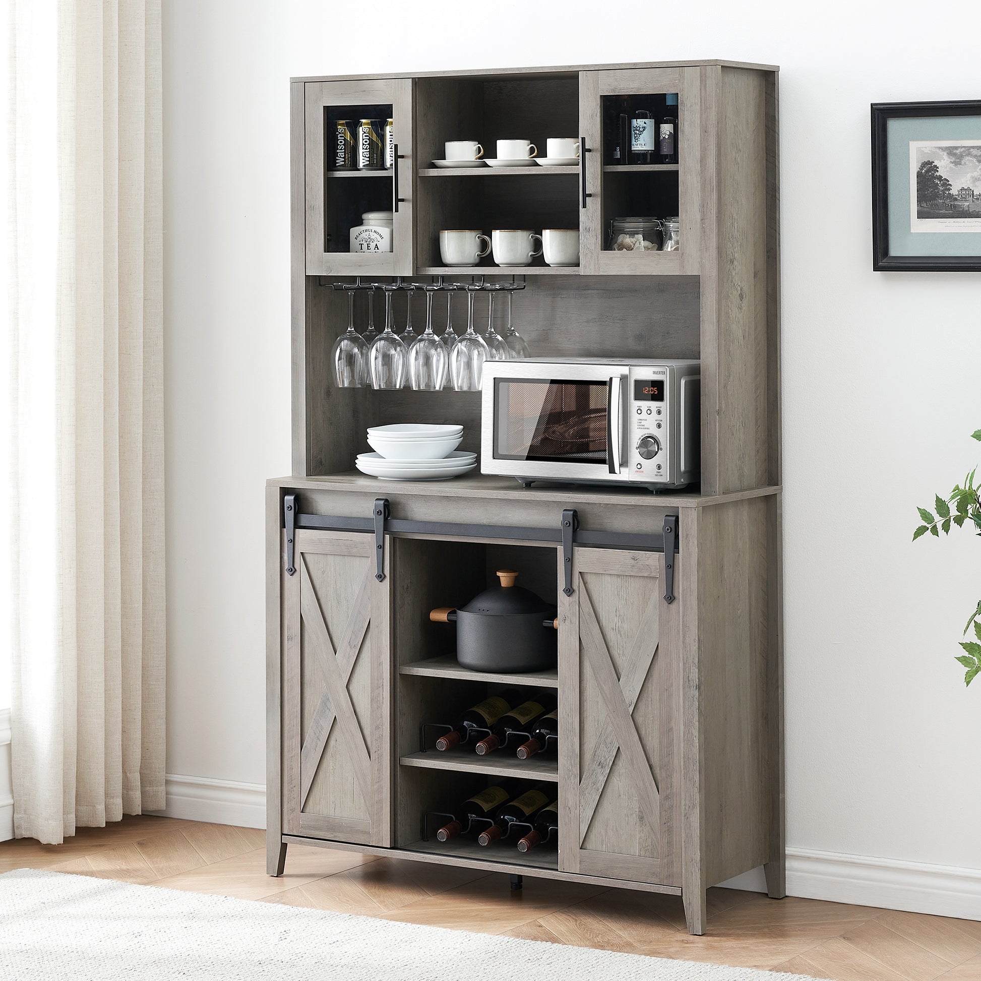 Garvee 70'' Wine Coffee Bar Cabinet with Storage Hutch, Tall Kitchen Pantry Liquor Cabinet with Sliding Barn Doors, Bottle Glasses Rack, Farmhouse Buffet for Home Dining Room, Gray